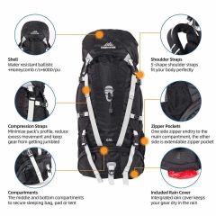 QuickUP 65L Trekking Sırt Çantası - Profesyonel Doğa Yürüyüş Çantası Siyah