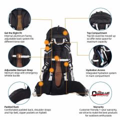 QuickUP 65L Trekking Sırt Çantası - Profesyonel Doğa Yürüyüş Çantası Siyah