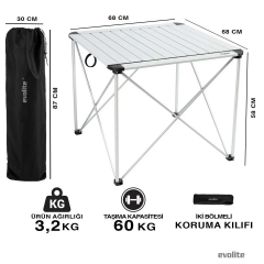 Evolite Discovery Büyük Boy Alüminyum Kamp ve Piknik Masası - Katlanabilir, 60 kg Taşıma Kapasiteli, Çantalı